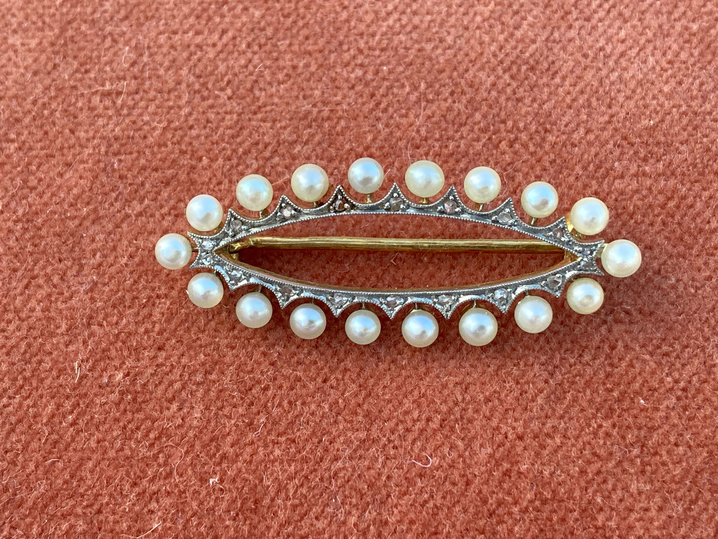 Antique Art Deco Pearl and Diamond 18ct Brooch with Enclosed Gold Back.