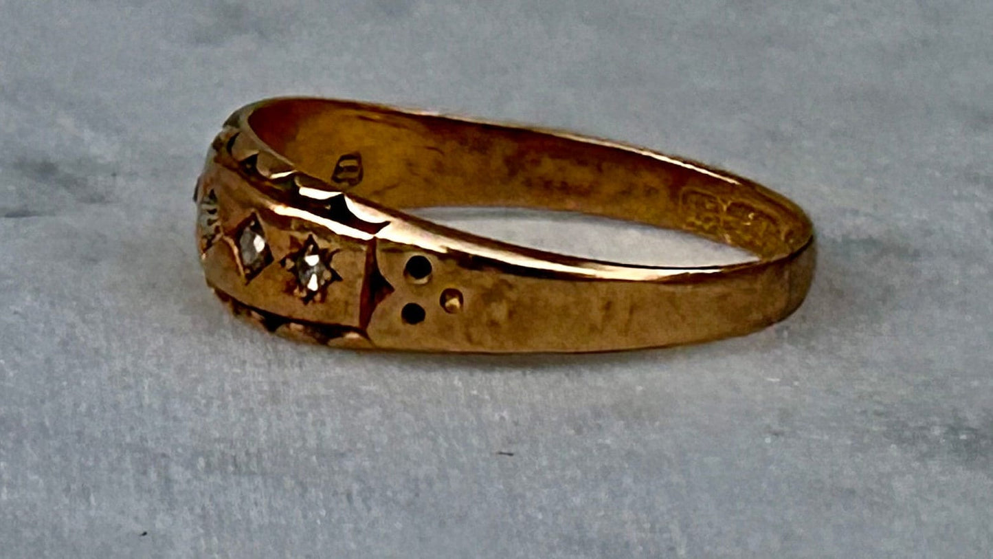 Antique 15ct Gold five stone Old Mine Cut Diamond Ring each in engraved settings, Birmingham 1889, Size O