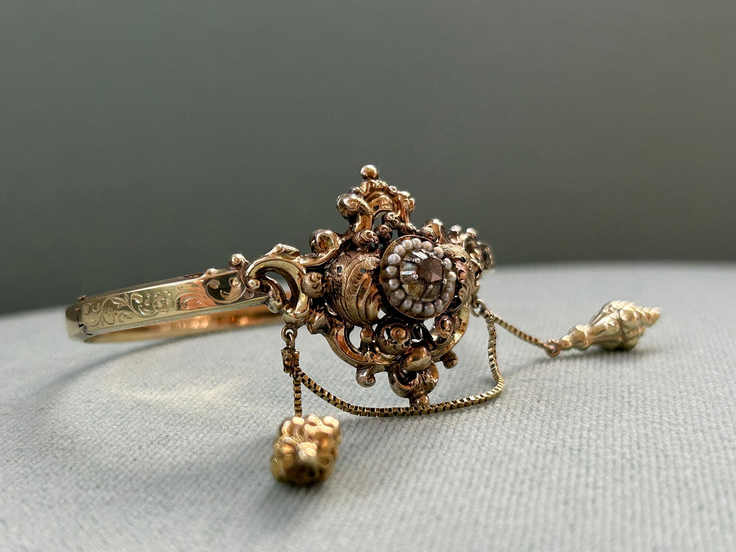 Antique Late Georgian/Early Victorian Diamond, Seed Pearl Bangle Bracelet 14k Gold