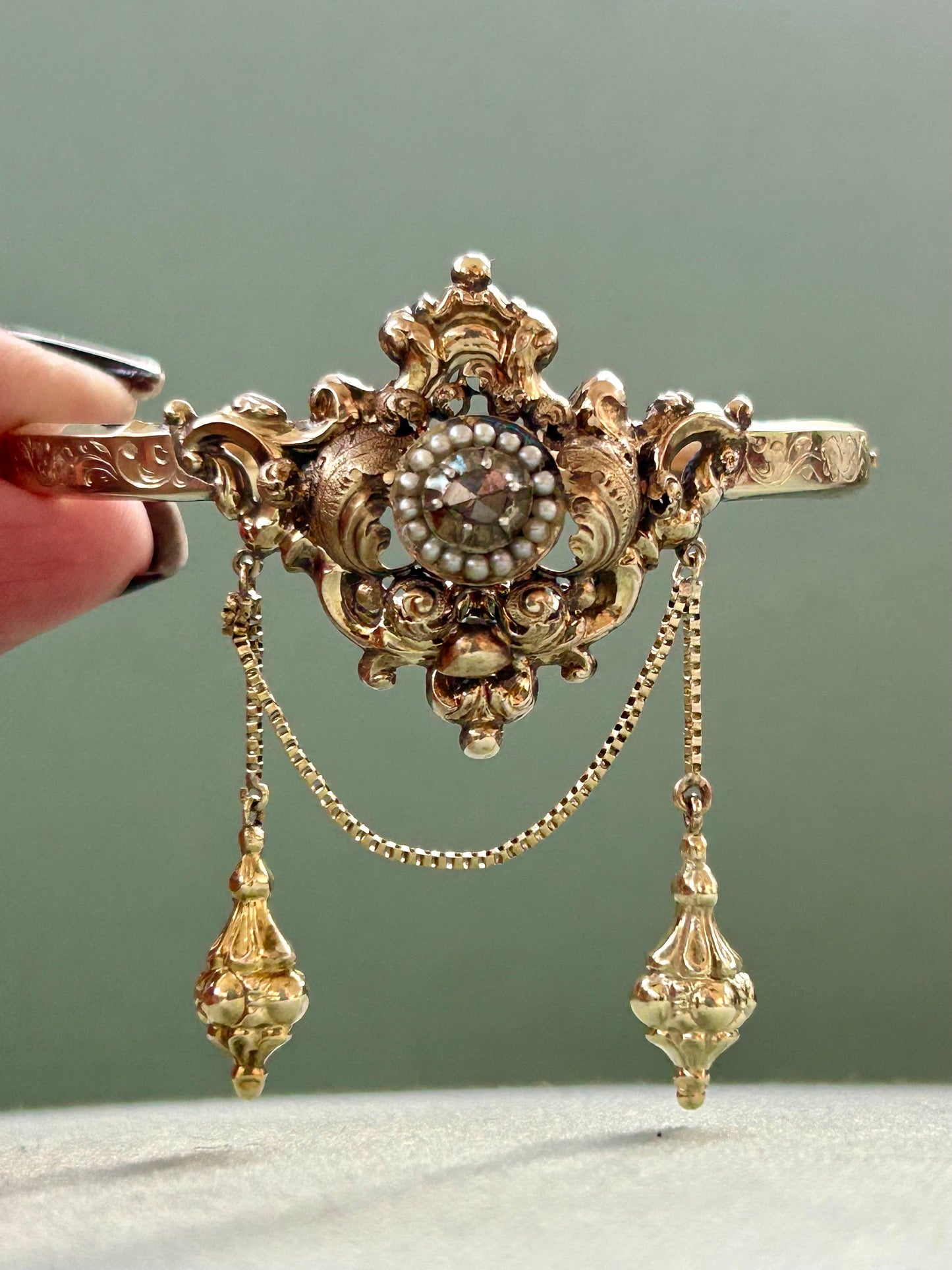 Antique Late Georgian/Early Victorian Diamond, Seed Pearl Bangle Bracelet 14k Gold