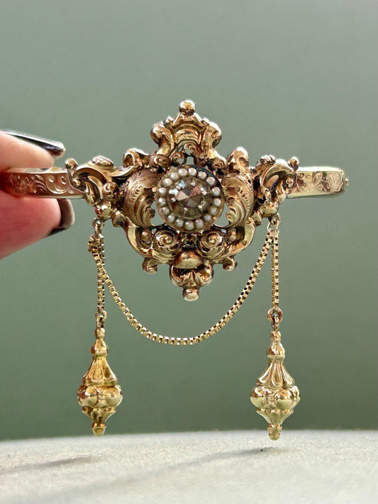 Antique Late Georgian/Early Victorian Diamond, Seed Pearl Bangle Bracelet 14k Gold