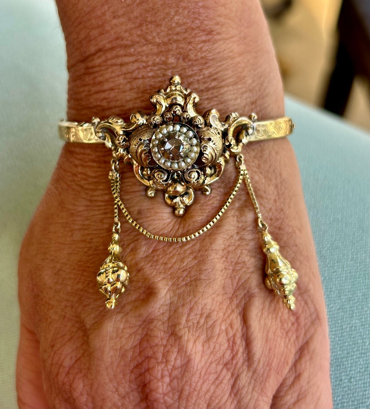 Antique Late Georgian/Early Victorian Diamond, Seed Pearl Bangle Bracelet 14k Gold