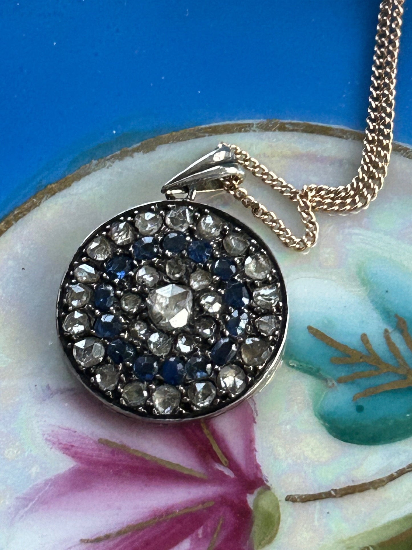 Antique Round Victorian Rose Cut Diamonds, Old Mine Cut Sapphire Cluster Pendant