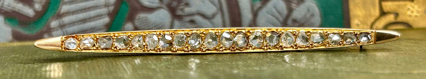 Antique Rose Cut Diamond Bar Brooch 14K Yellow Gold
