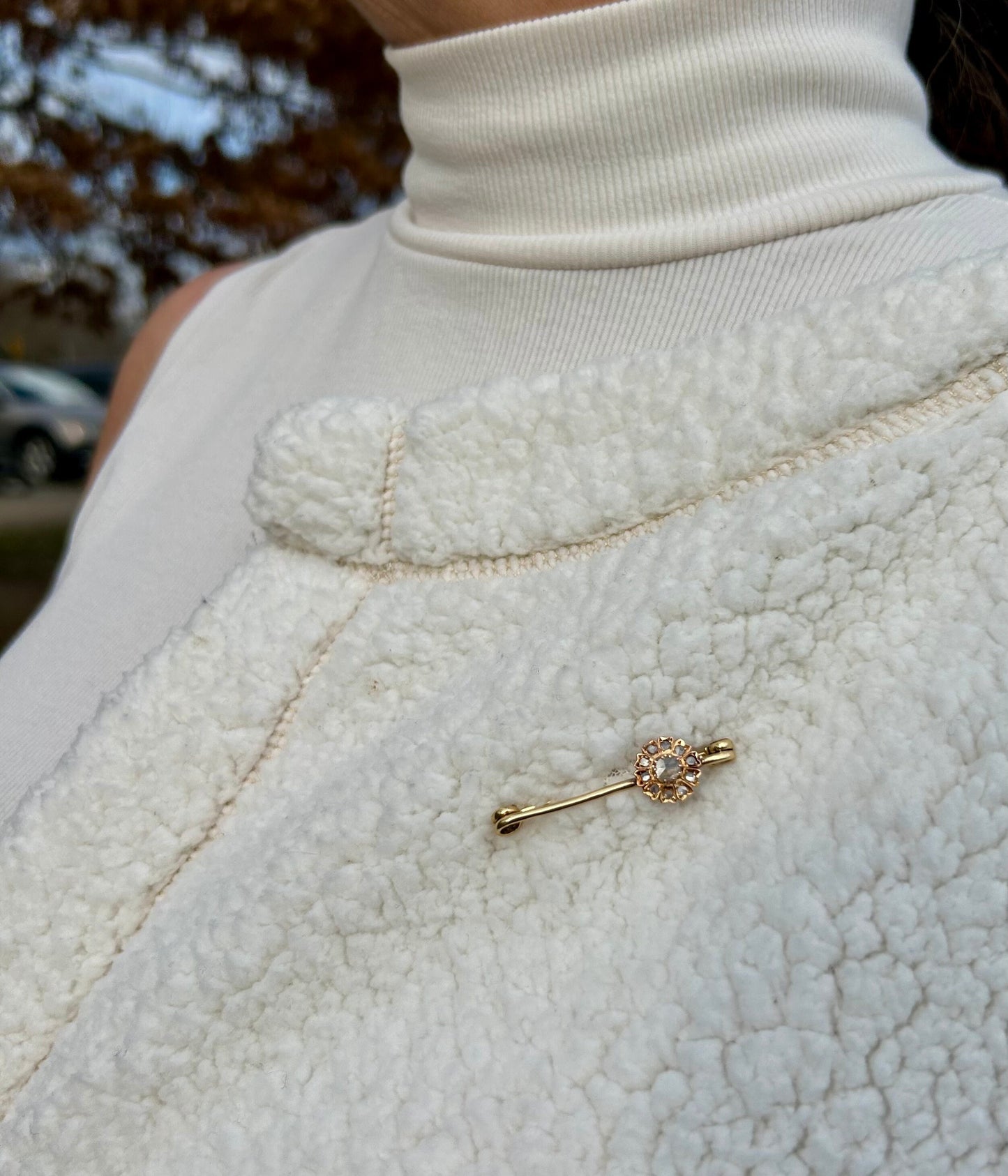 Antique Victorian Rose Cut Diamond Flower Brooch 18k Yellow Gold