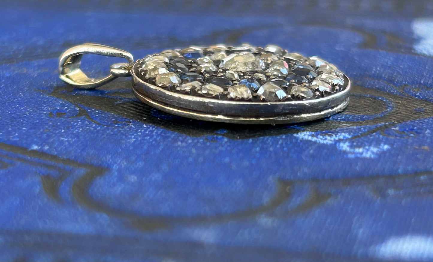 Antique Round Victorian Rose Cut Diamonds, Old Mine Cut Sapphire Cluster Pendant
