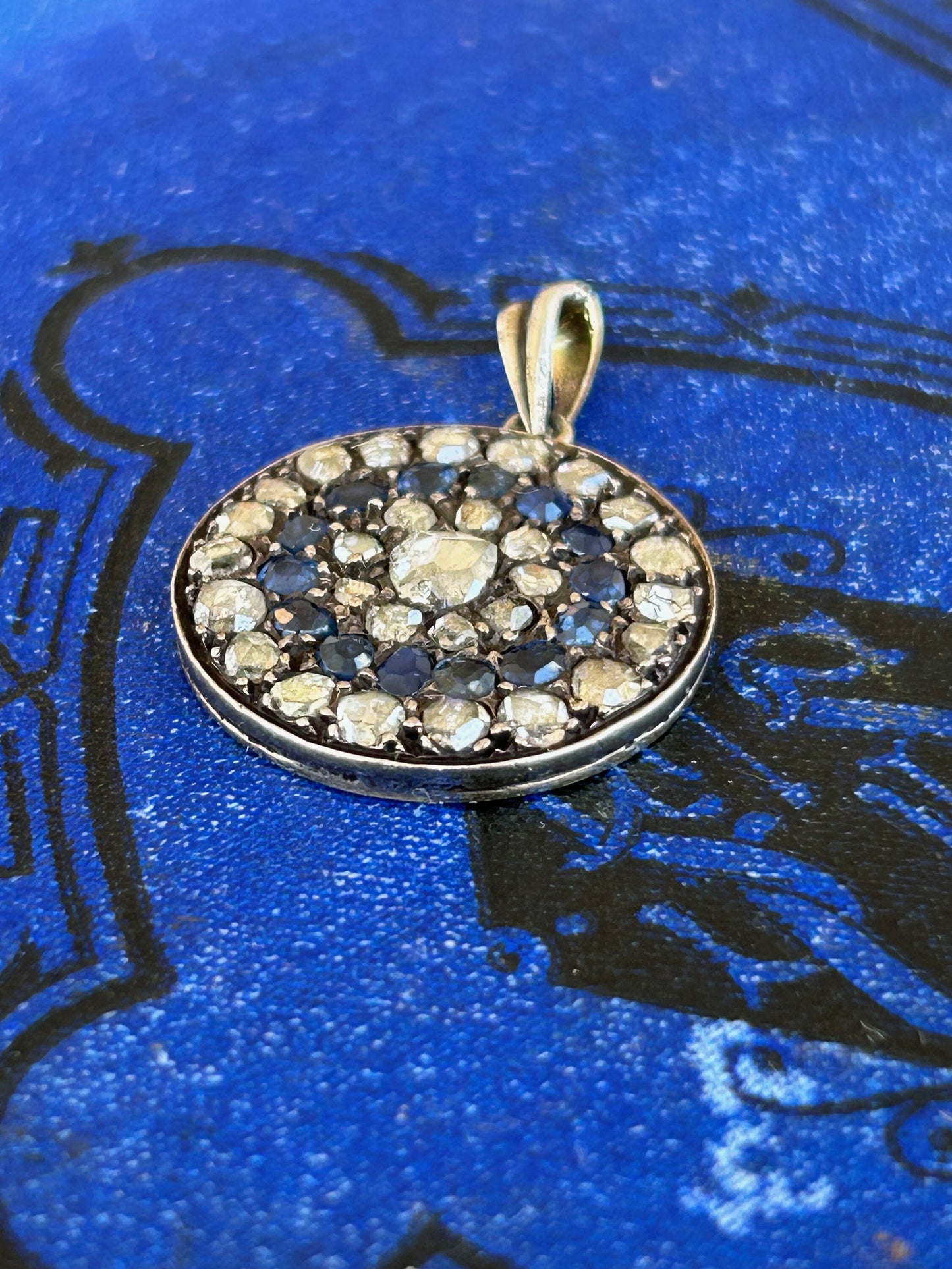 Antique Round Victorian Rose Cut Diamonds, Old Mine Cut Sapphire Cluster Pendant