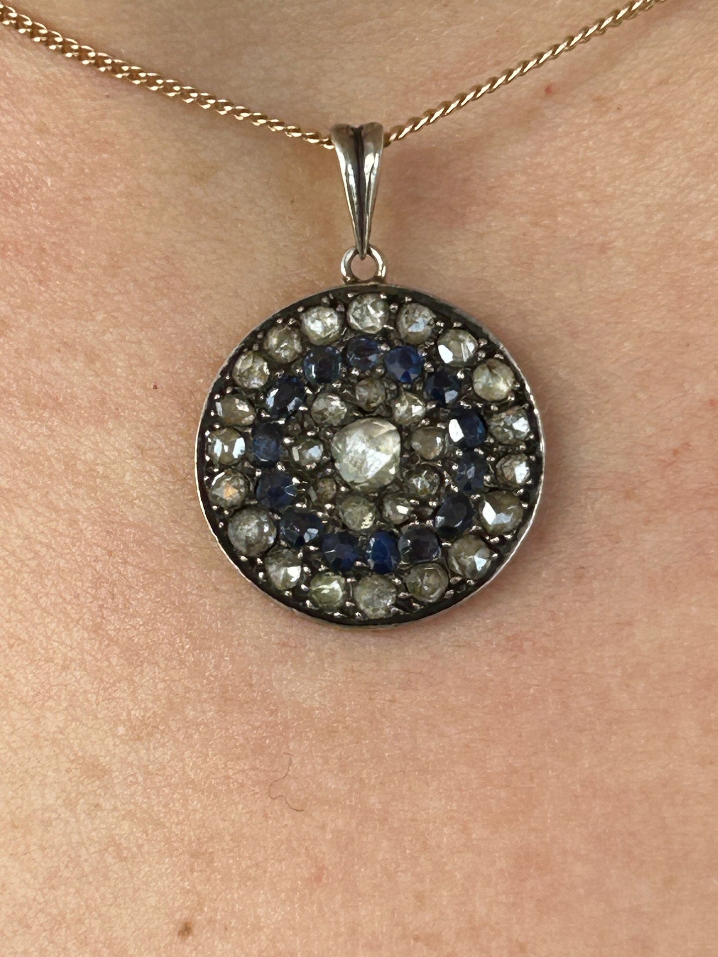 Antique Round Victorian Rose Cut Diamonds, Old Mine Cut Sapphire Cluster Pendant