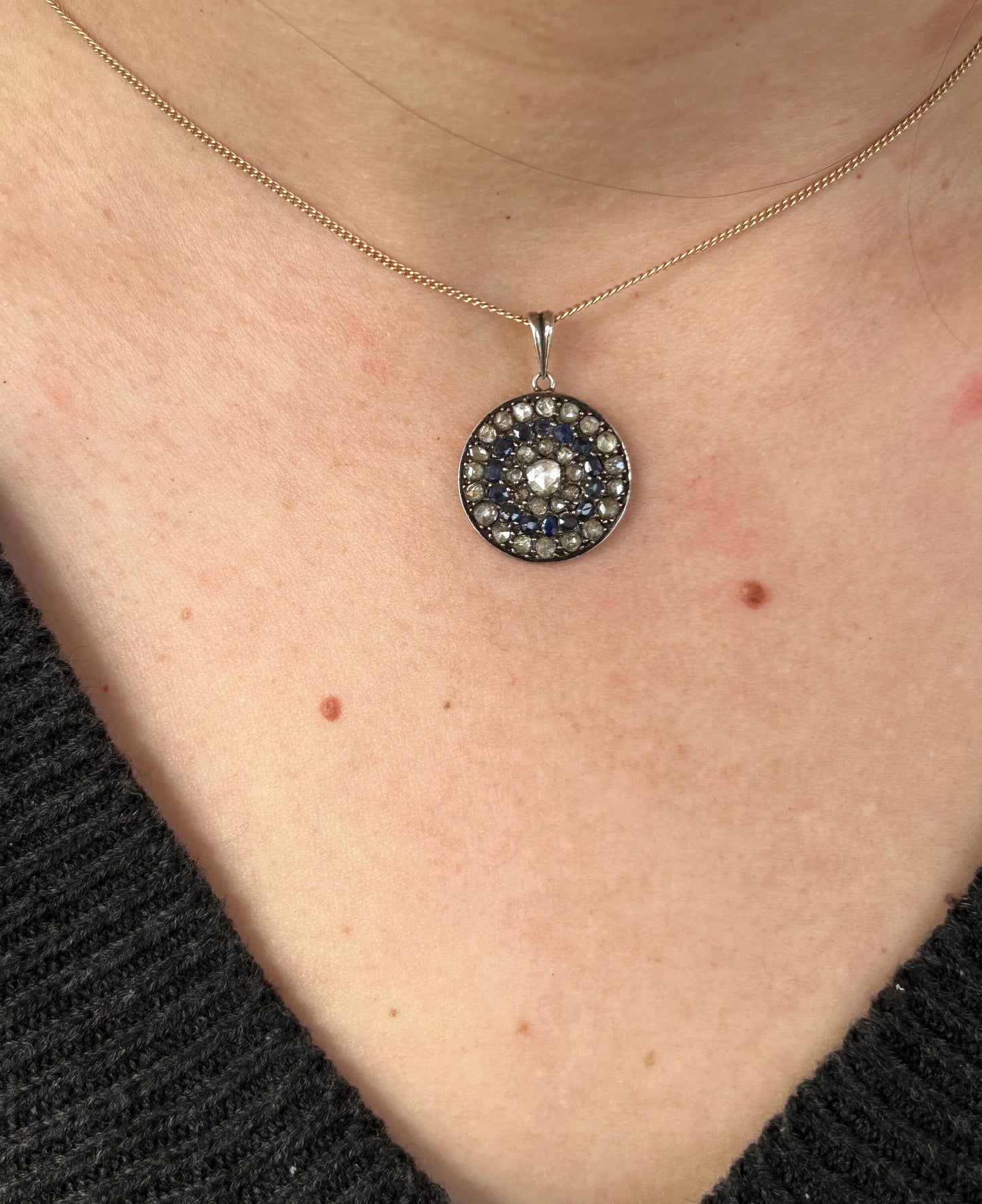 Antique Round Victorian Rose Cut Diamonds, Old Mine Cut Sapphire Cluster Pendant