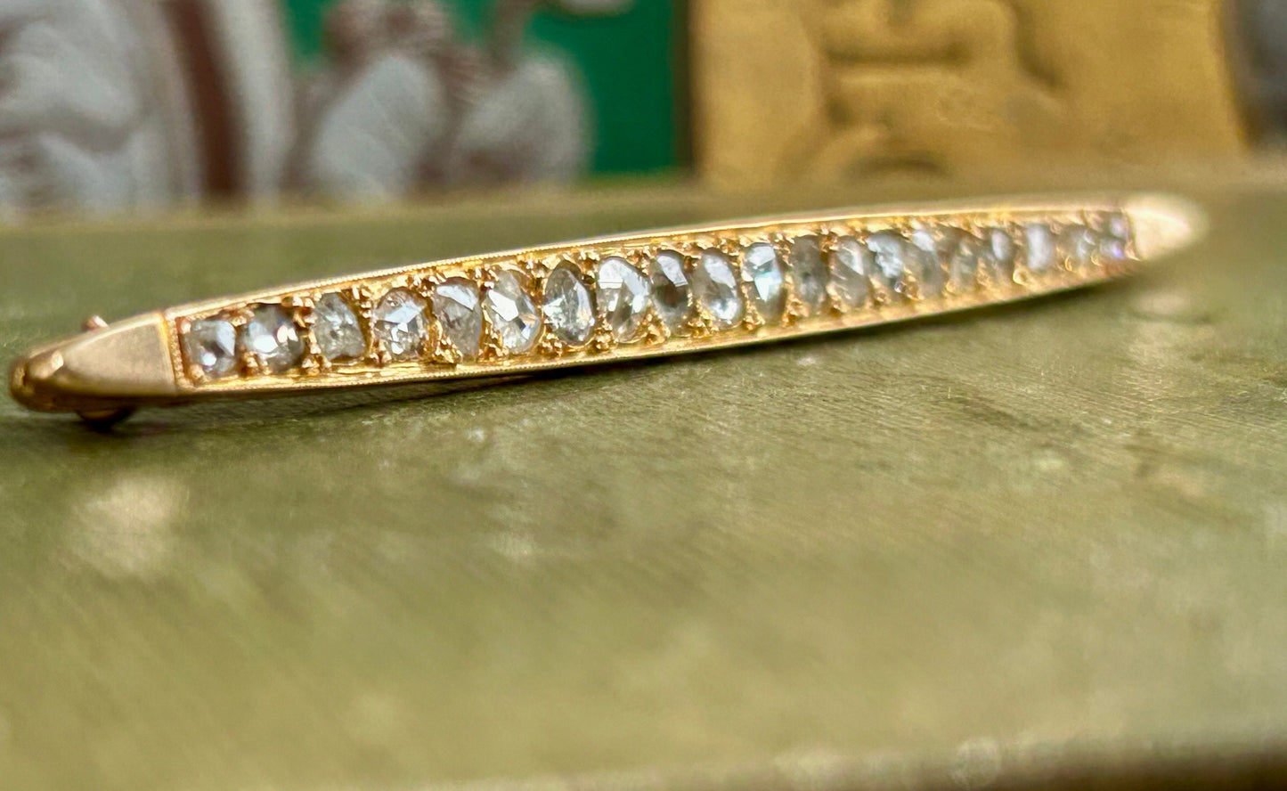 Antique Rose Cut Diamond Bar Brooch 14K Yellow Gold