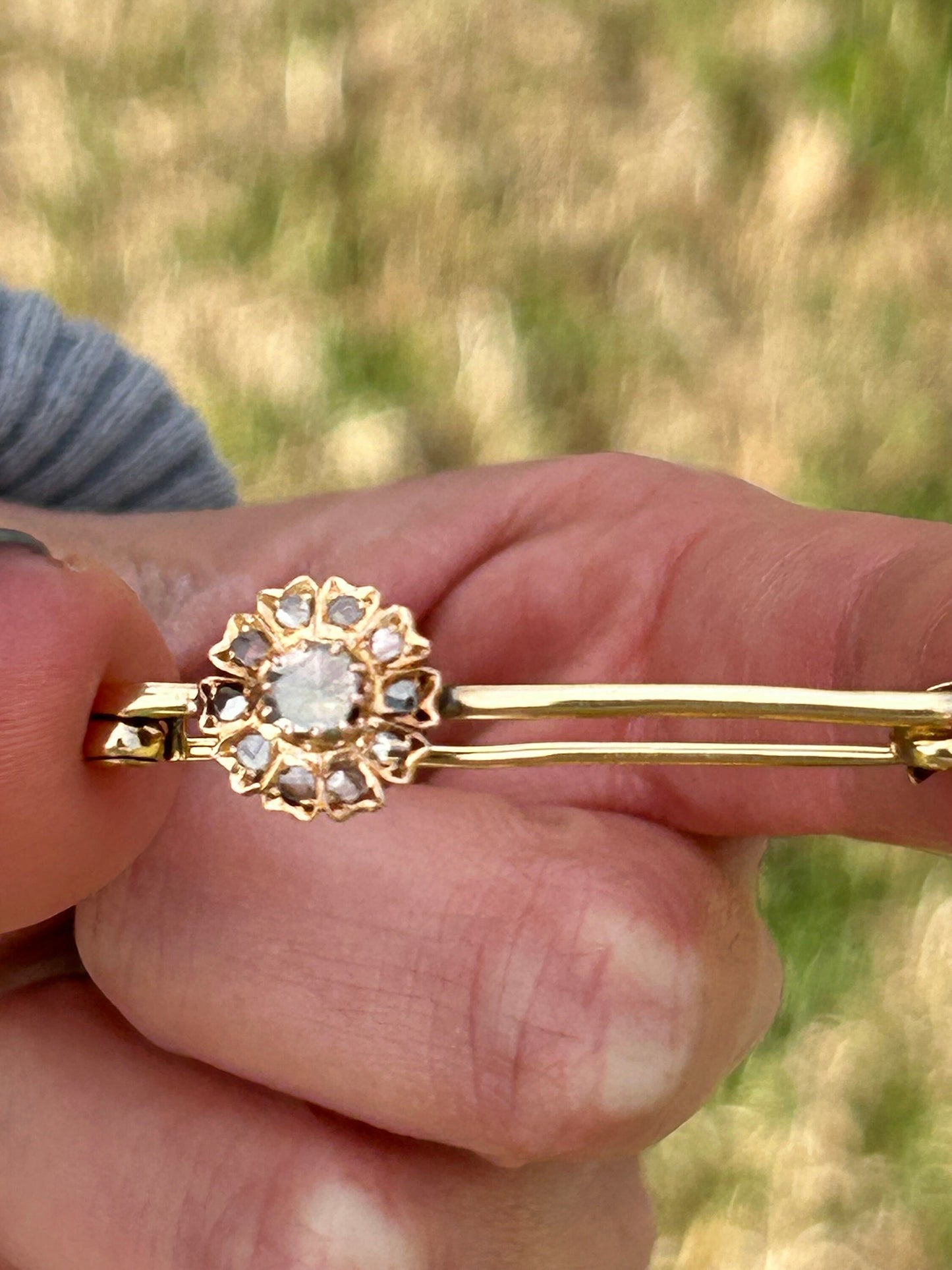 Antique Victorian Rose Cut Diamond Flower Brooch 18k Yellow Gold