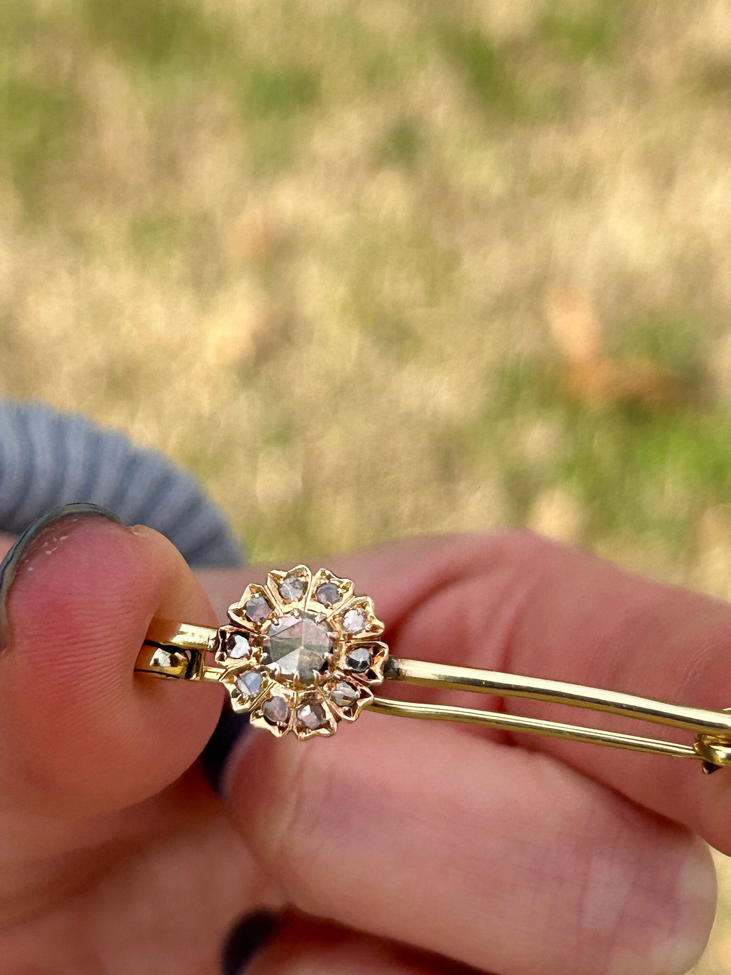 Antique Victorian Rose Cut Diamond Flower Brooch 18k Yellow Gold