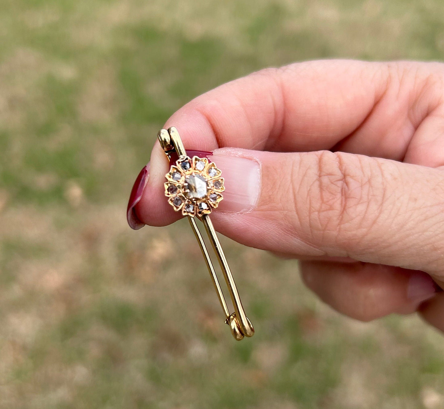 Antique Victorian Rose Cut Diamond Flower Brooch 18k Yellow Gold