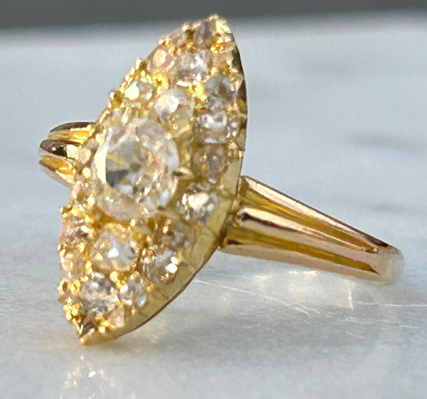 Antique Victorian Old Mine Cut Diamond Navette Cluster Ring