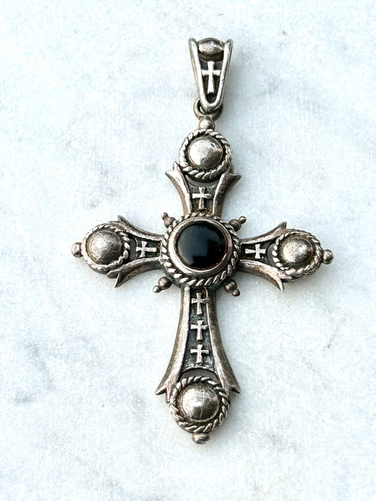 Antique Irish Onyx and Sterling Silver Cross