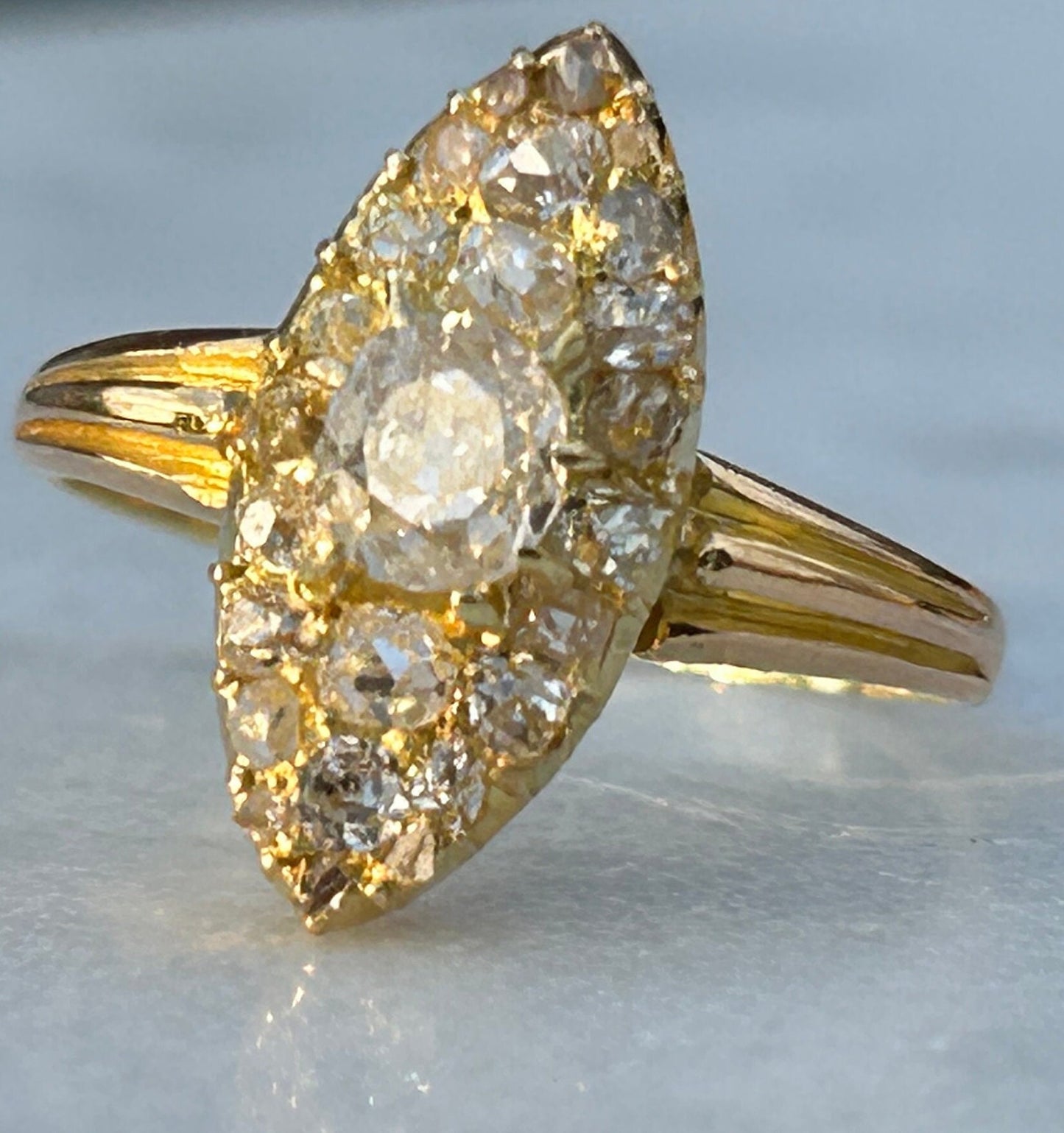 Antique Victorian Old Mine Cut Diamond Navette Cluster Ring