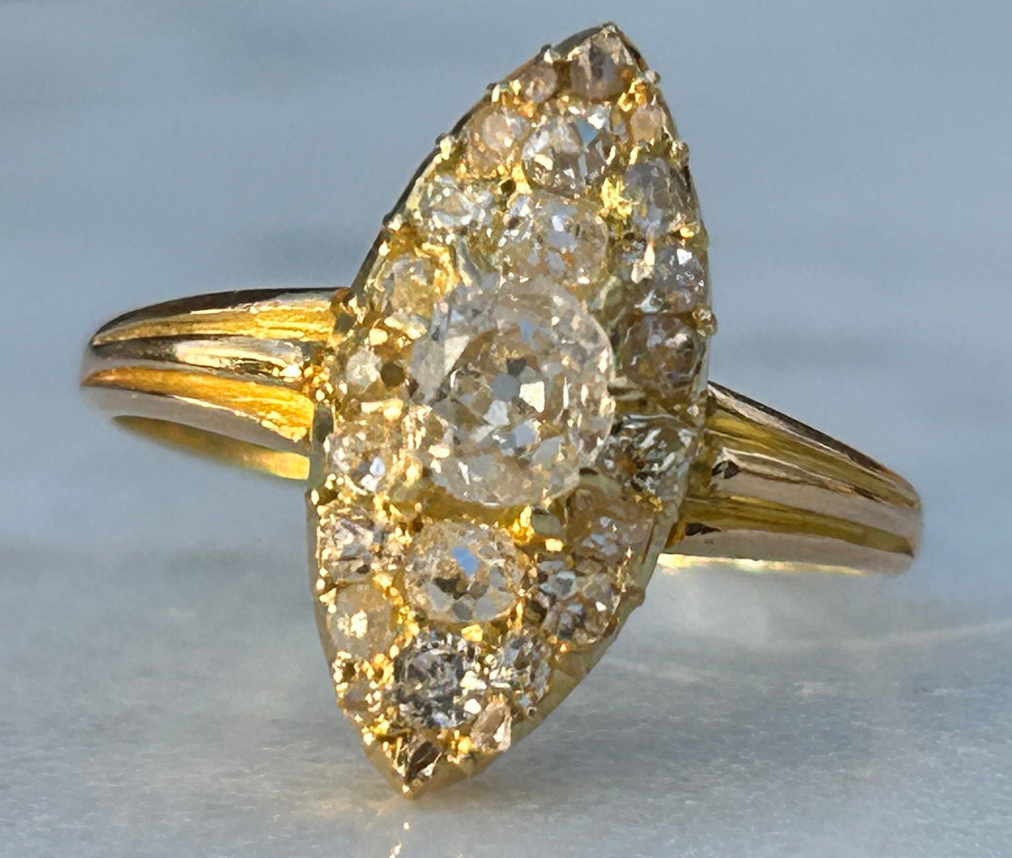 Antique Victorian Old Mine Cut Diamond Navette Cluster Ring