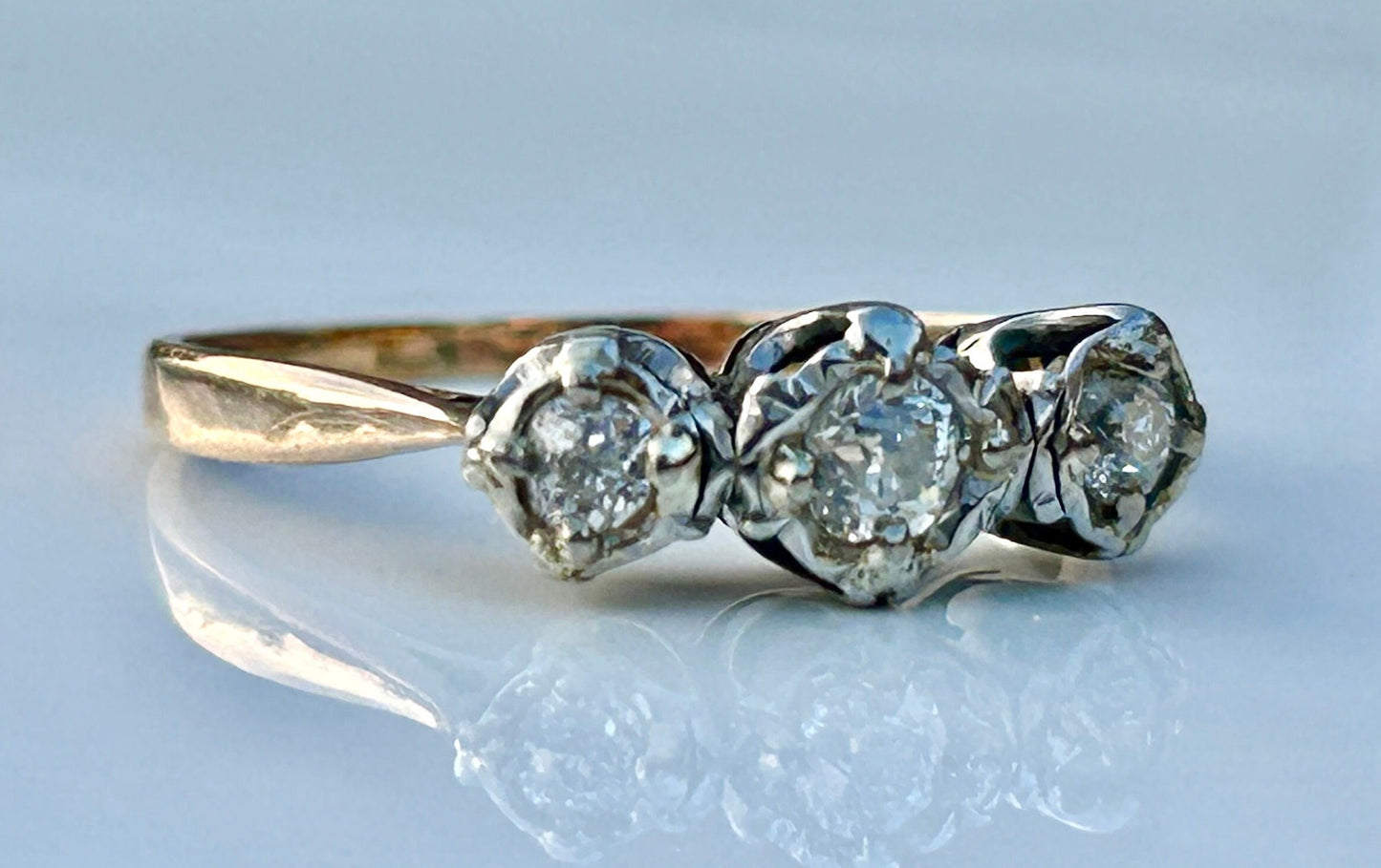 Antique Old European Cut Diamond Trilogy 18k Yellow Gold and Platinum Engagement Ring