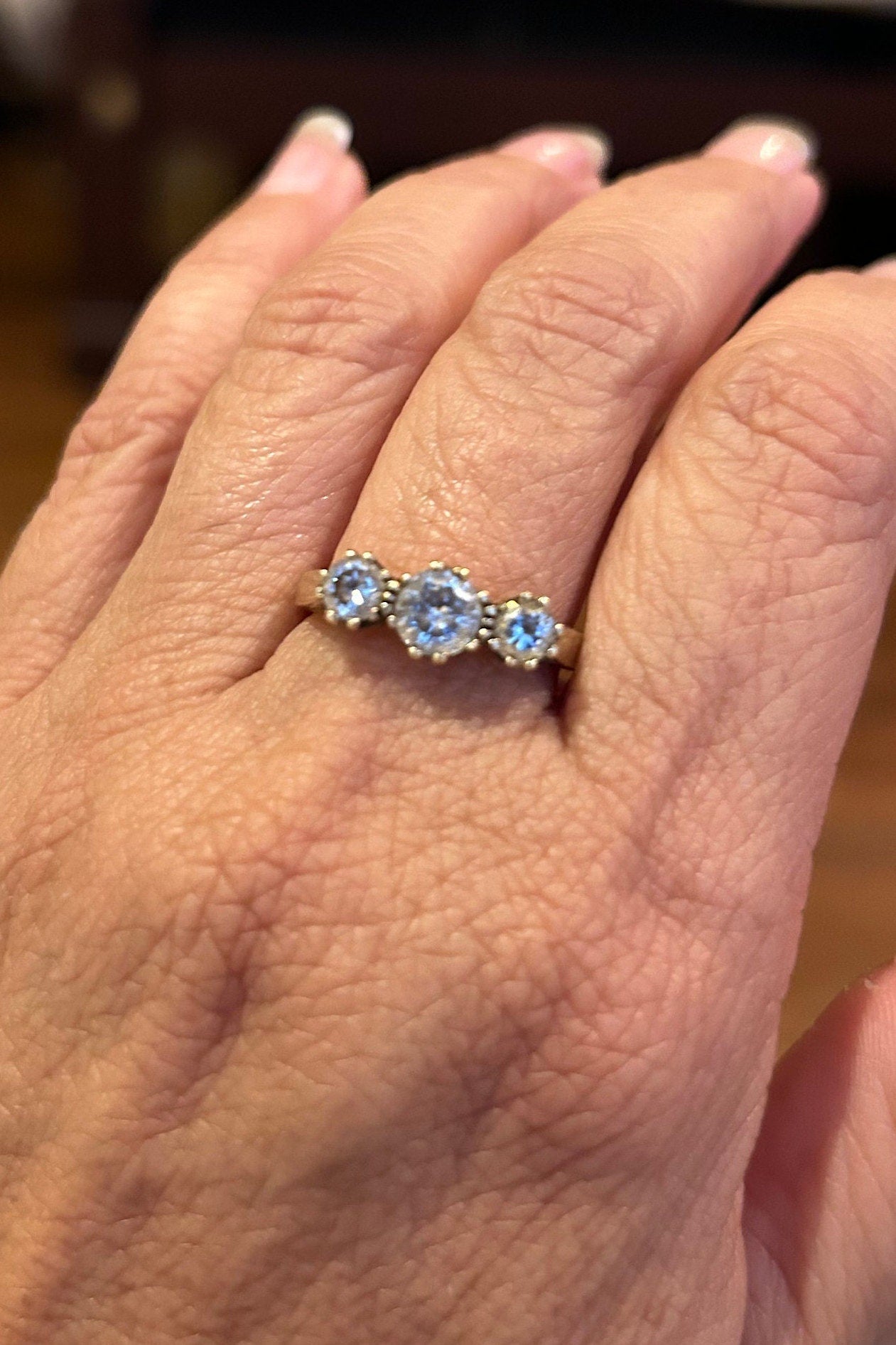 Vintage Cubic Zirconia Trilogy Ring 9k Gold. Fully Hallmarked.