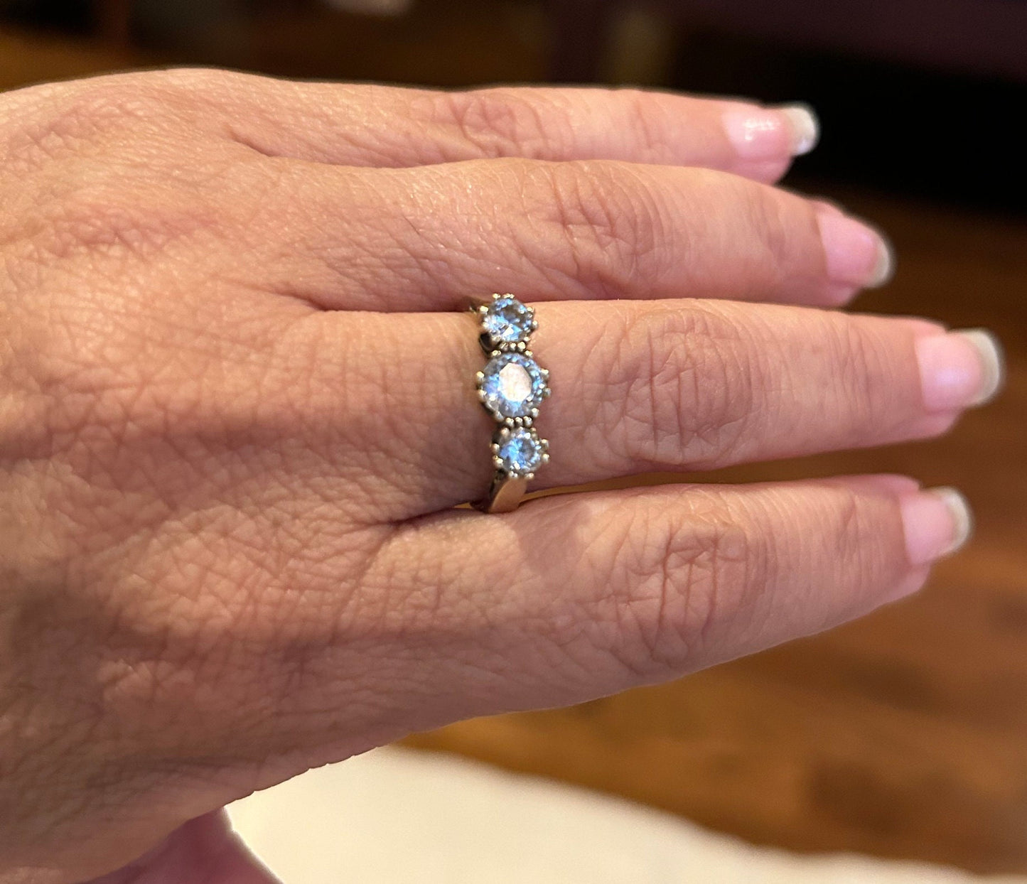 Vintage Cubic Zirconia Trilogy Ring 9k Gold. Fully Hallmarked.