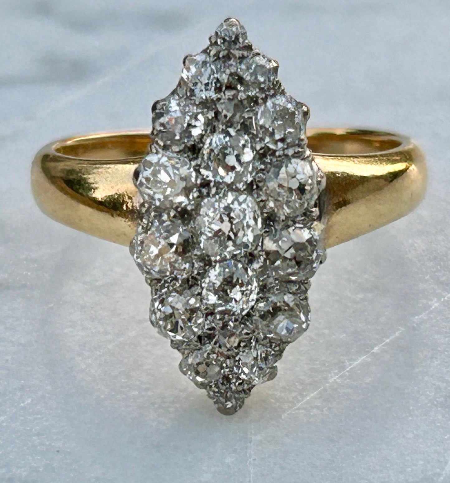 Antique Victorian Old Minue Cut Diamond 1.5ctw Navette Ring 18k and 22k gold