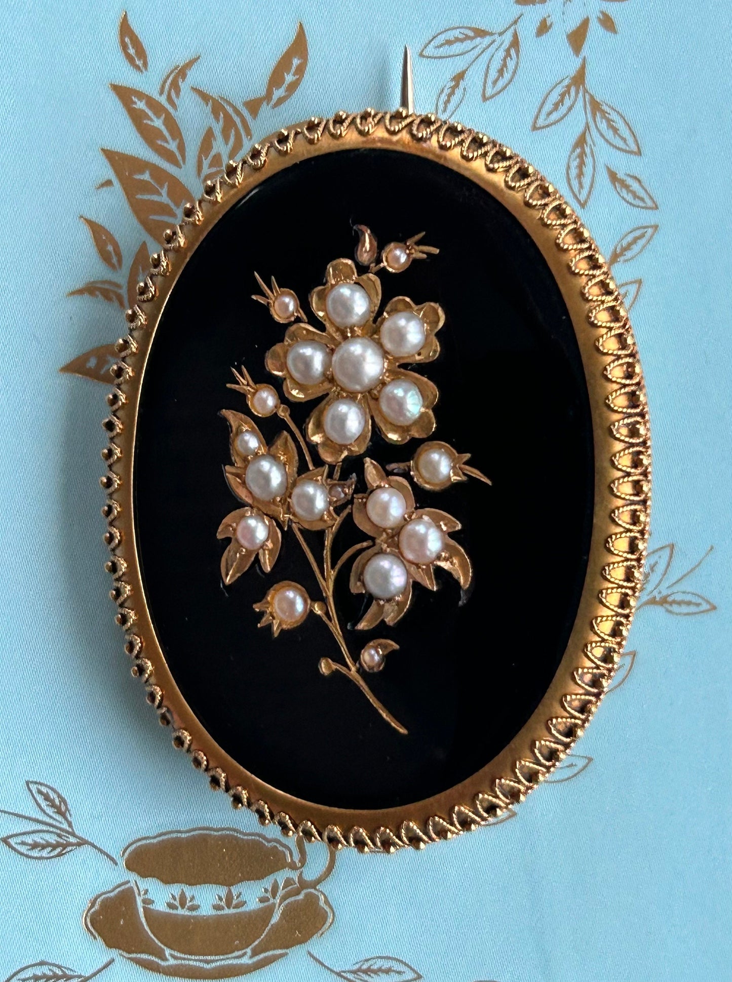 Antique Victorian Onyx and Seed Pearl Mourning brooch 9k Gold