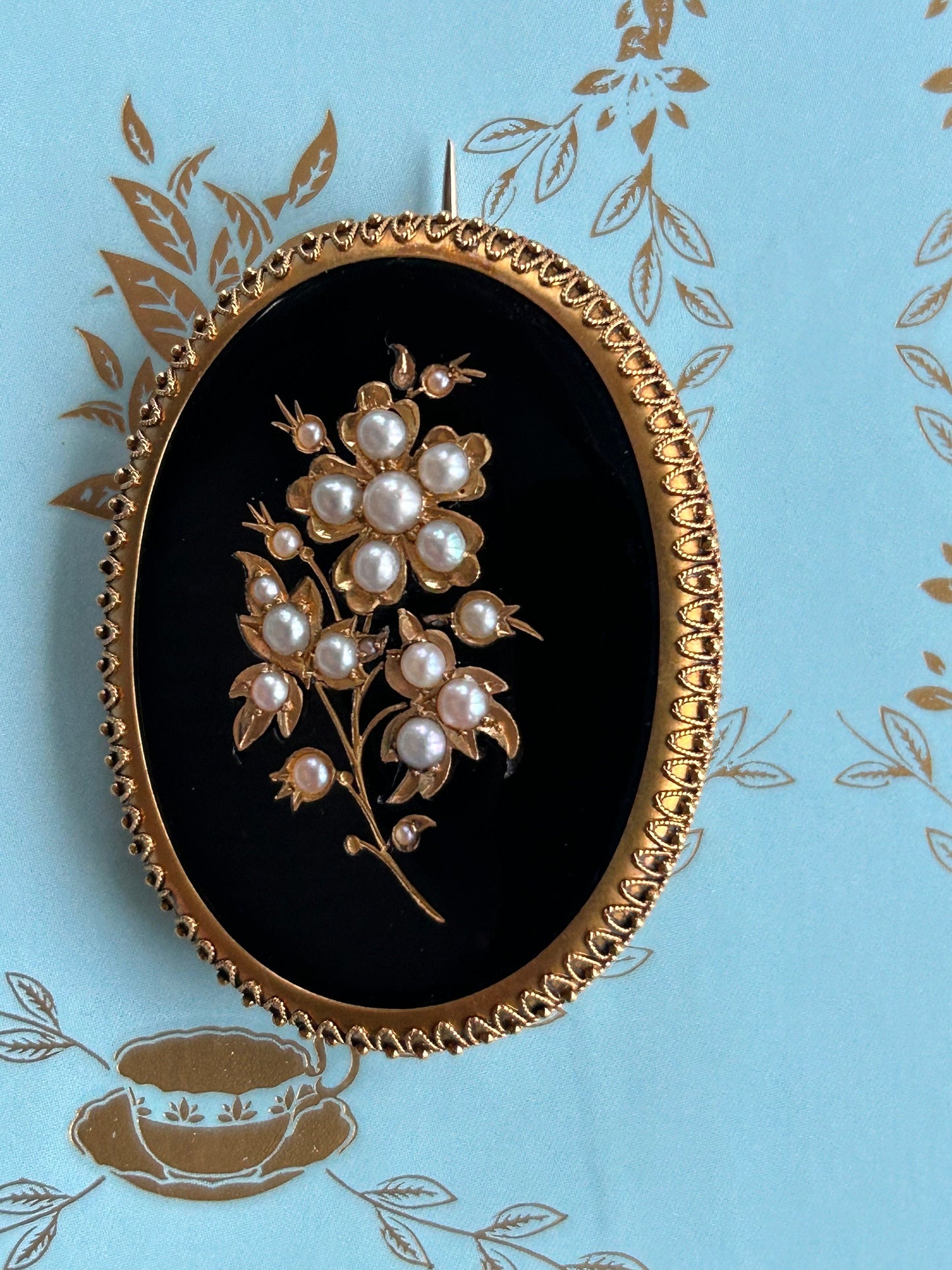 Antique Victorian Onyx and Seed Pearl Mourning brooch 9k Gold