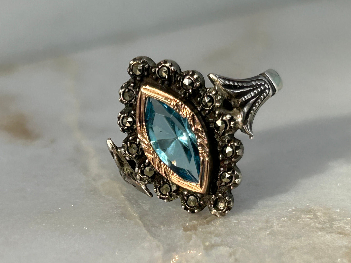 Antique Santa Maria Aquamarine Marquise 14k Gold Ring