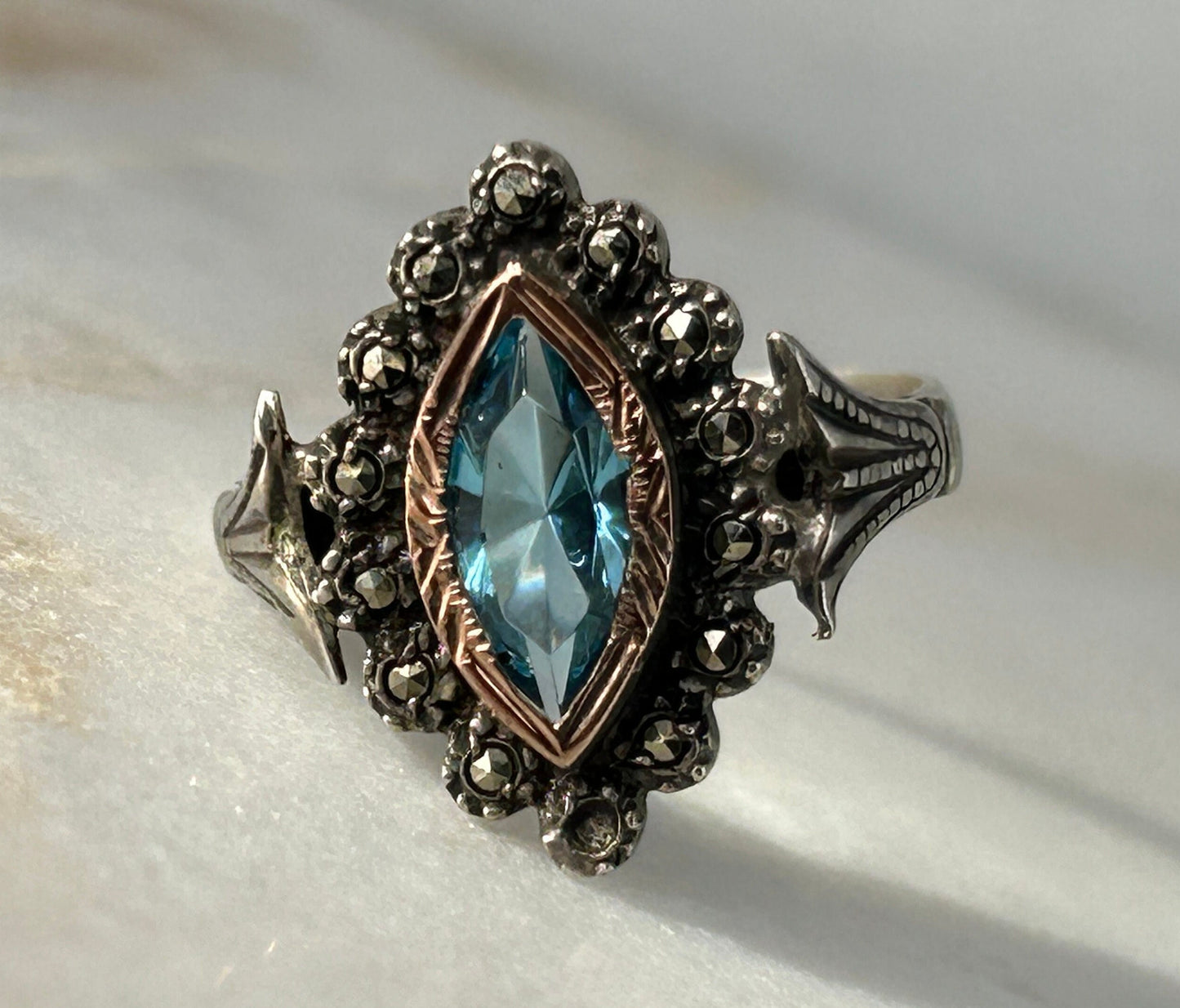 Antique Santa Maria Aquamarine Marquise 14k Gold Ring