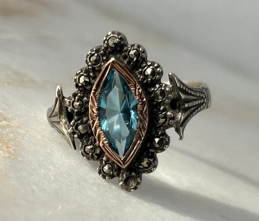 Antique Santa Maria Aquamarine Marquise 14k Gold Ring