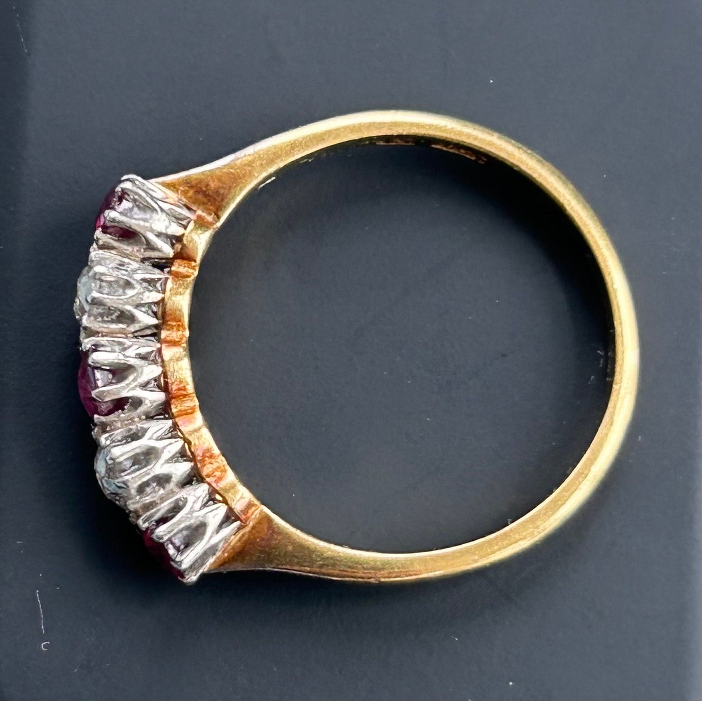 Antique Ruby and Diamond Half Hoop Five Stone 18k and Platinum Ring 1.1 ctw