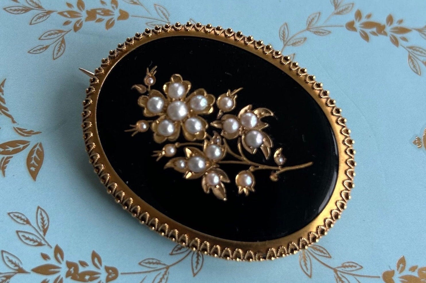 Antique Victorian Onyx and Seed Pearl Mourning brooch 9k Gold