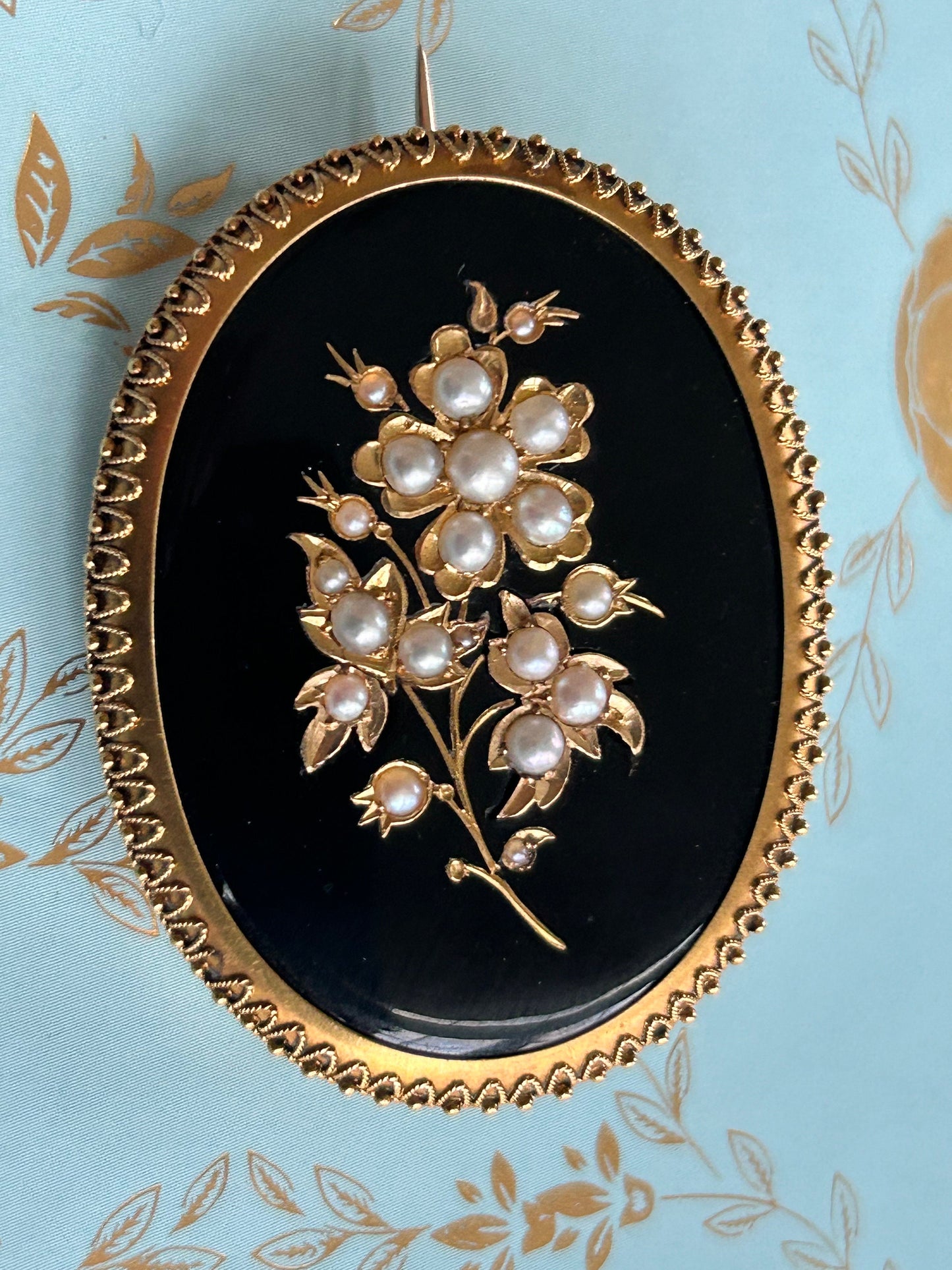 Antique Victorian Onyx and Seed Pearl Mourning brooch 9k Gold