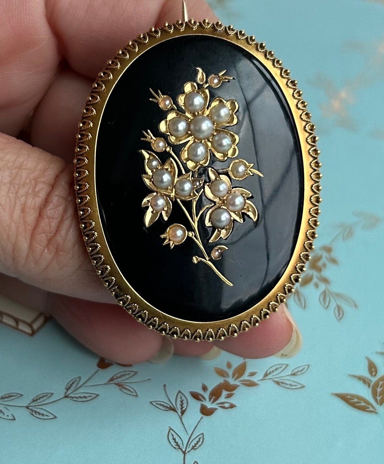 Antique Victorian Onyx and Seed Pearl Mourning brooch 9k Gold