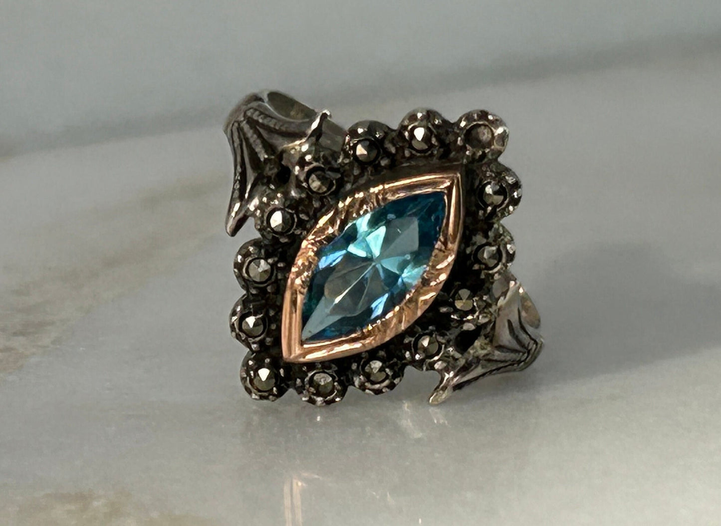 Antique Santa Maria Aquamarine Marquise 14k Gold Ring