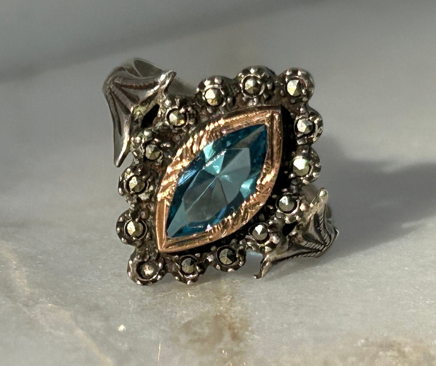 Antique Santa Maria Aquamarine Marquise 14k Gold Ring