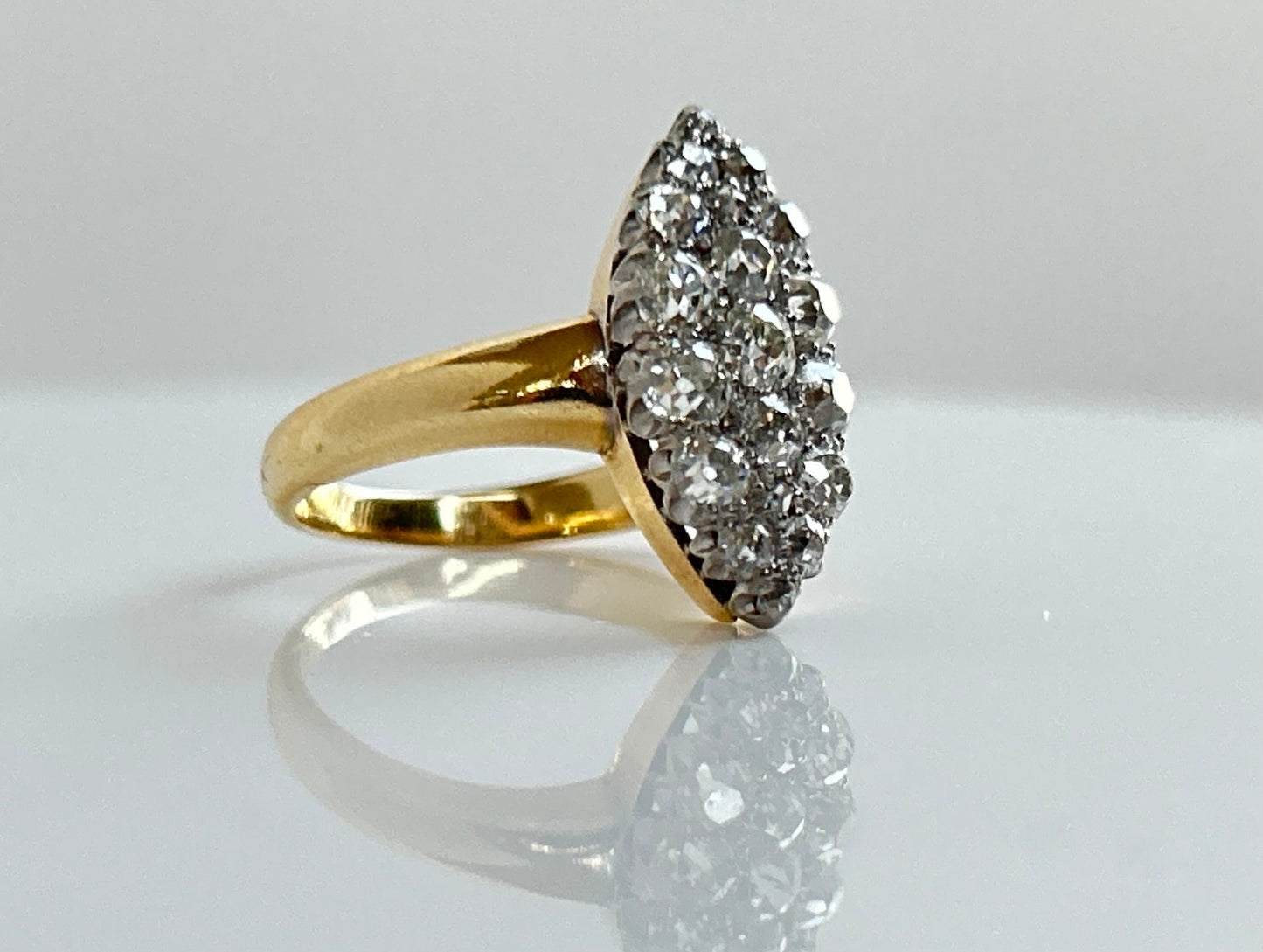 Antique Victorian Old Minue Cut Diamond 1.5ctw Navette Ring 18k and 22k gold