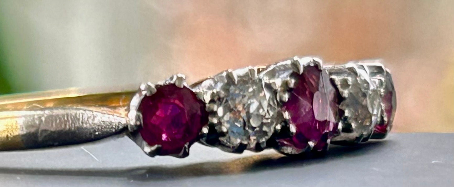 Antique Ruby and Diamond Half Hoop Five Stone 18k and Platinum Ring 1.1 ctw