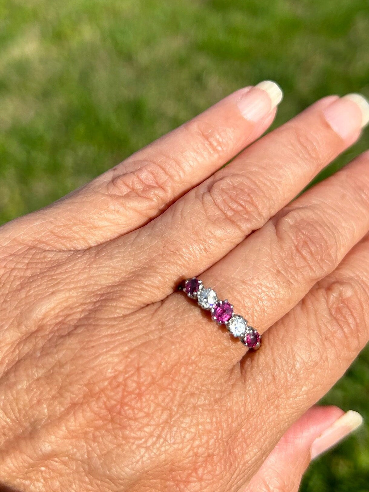 Antique Ruby and Diamond Half Hoop Five Stone 18k and Platinum Ring 1.1 ctw