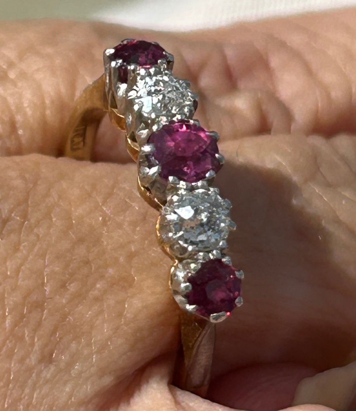 Antique Ruby and Diamond Half Hoop Five Stone 18k and Platinum Ring 1.1 ctw