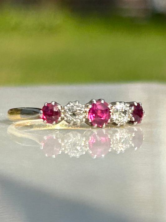 Antique Ruby and Diamond Half Hoop Five Stone 18k and Platinum Ring 1.1 ctw