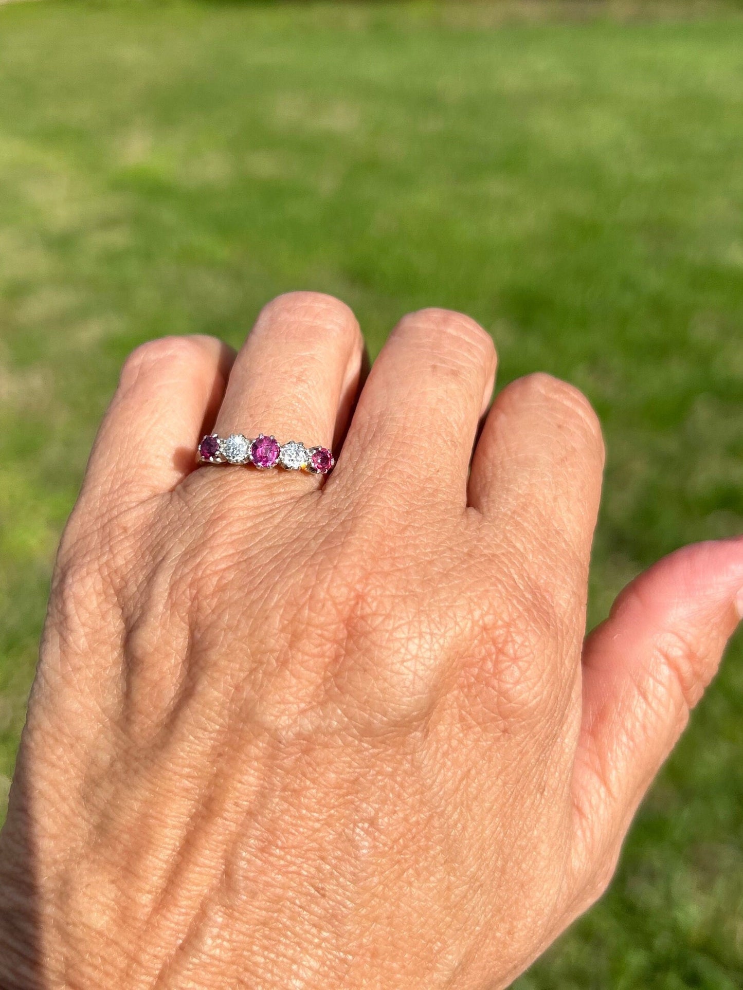 Antique Ruby and Diamond Half Hoop Five Stone 18k and Platinum Ring 1.1 ctw