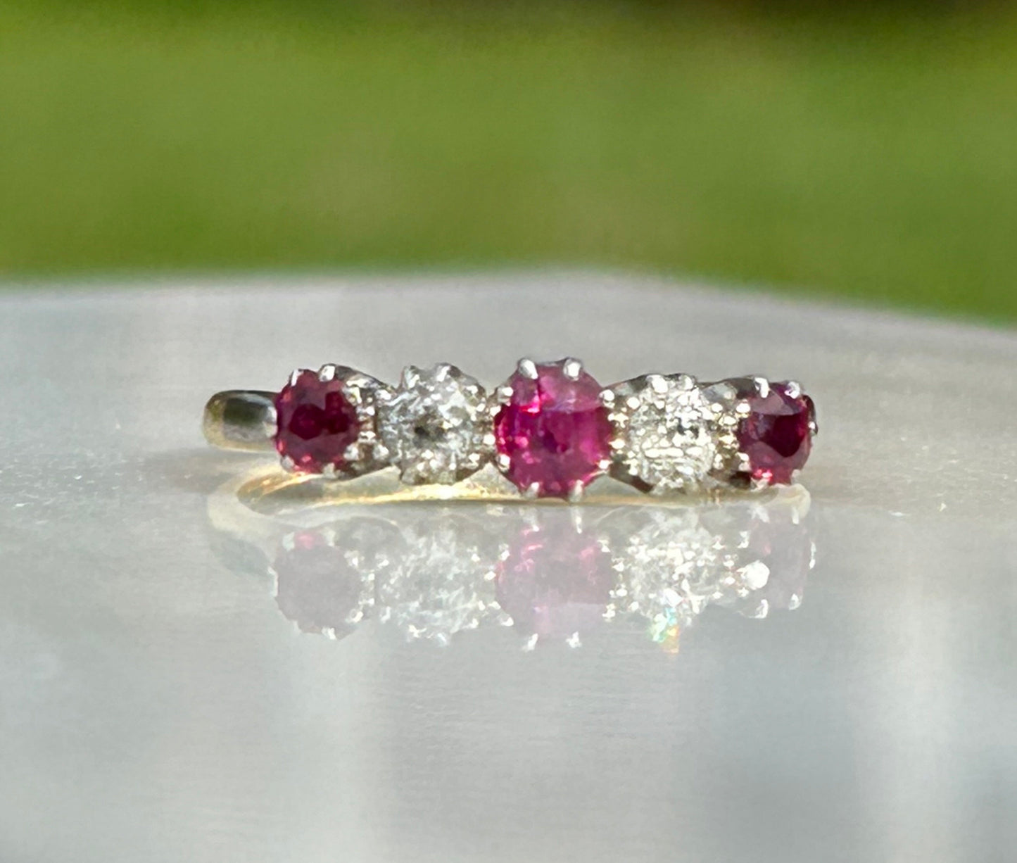 Antique Ruby and Diamond Half Hoop Five Stone 18k and Platinum Ring 1.1 ctw