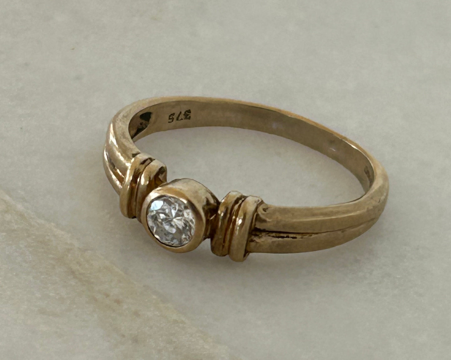 Vintage White Zircon bezel set 9k Gold Ring